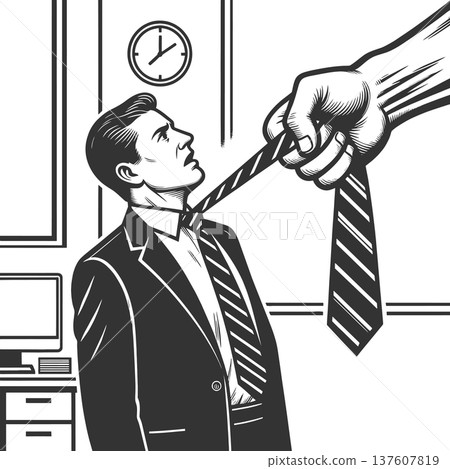 Stressed Businessman Pulling Tie in Office vector 137607819