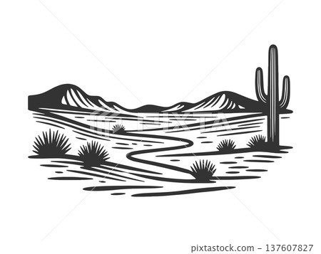 Minimal Desert Landscape With Cactus and Mountains Minimal Desert Landscape With Cactus and Mountains 137607827