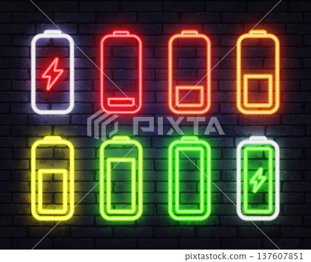 Set of neon battery icons showing different charge levels and lightning symbol. Bright colorful energy indicators glowing on dark brick wall background Set of neon battery icons showing different charge levels and lightning symbol. Bright colorful energy indicators glowing on dark brick wall background 137607851