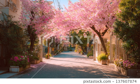Cherry blossom trees on the street corner 137607874