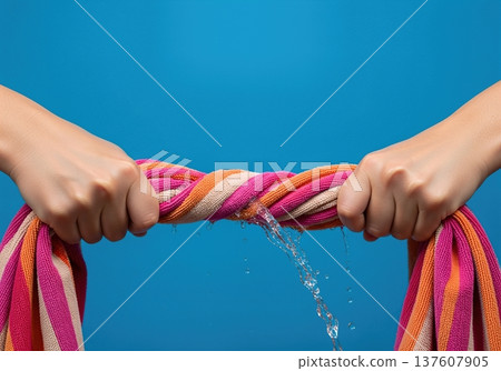 Close up of hands wringing water out of a wet striped beach towel with a splash and dripping liquid 137607905