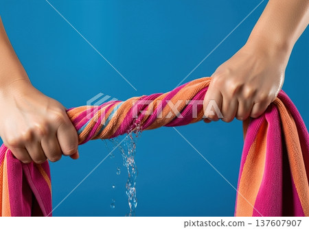 Close up of hands wringing water out of a wet striped beach towel with a splash and dripping liquid 137607907