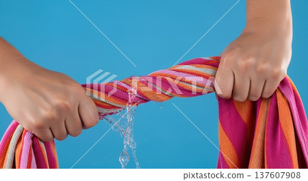 Close up of hands wringing water out of a wet striped beach towel with a splash and dripping liquid 137607908