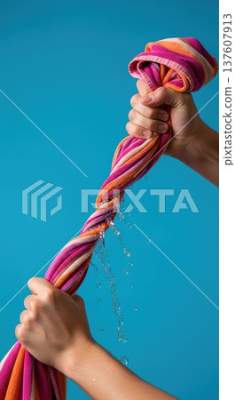 Close up of hands wringing water out of a wet striped beach towel with a splash and dripping liquid 137607913