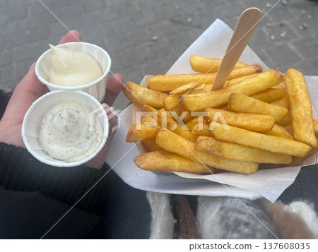 Belgian street food: fries and dipping sauce 137608035