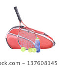 Watercolor red tennis bag rackets balls and water bottle sports equipment illustration 137608145