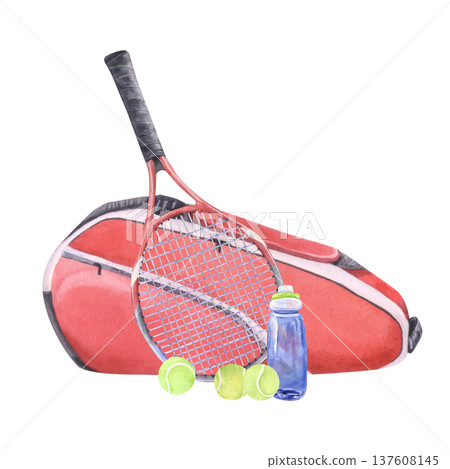 Watercolor red tennis bag rackets balls and water bottle sports equipment illustration Watercolor red tennis bag rackets balls and water bottle sports equipment illustration 137608145