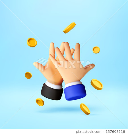3D Business people giving high five with gold coin 137608216