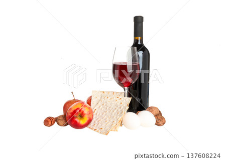 Passover items: wine, matzah, apples, eggs arranged, isolated, PNG Passover items: wine, matzah, apples, eggs arranged, isolated, PNG 137608224
