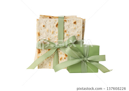 Passover features matzah with ribbons and gifts nearby, isolated, PNG Passover features matzah with ribbons and gifts nearby, isolated, PNG 137608226