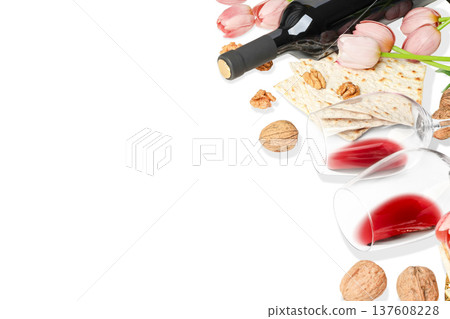 Passover includes wine, matzah, and flowers, isolated, PNG 137608228