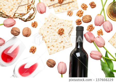 Passover with matzah, wine, flowers, walnuts, isolated, PNG 137608229