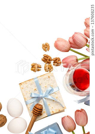 Passover table with matzah, wine, and flowers, isolated, PNG 137608235