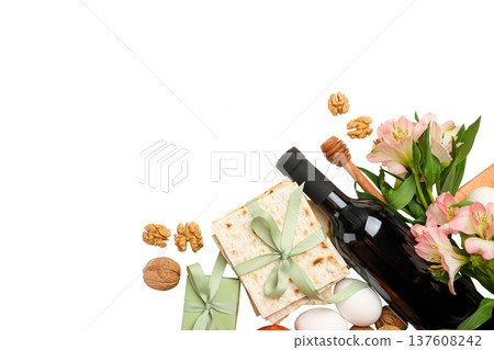 Passover features wine, matzah, eggs, and flowers, isolated, PNG Passover features wine, matzah, eggs, and flowers, isolated, PNG 137608242