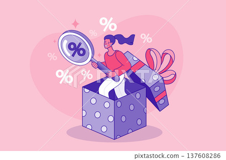 Surprise discount concept with a woman jumping out of a gift box. Modern flat vector for special offers, seasonal sales promotion, and creative customer reward programs. Surprise discount concept with a woman jumping out of a gift box. Modern flat vector for special offers, seasonal sales promotion, and creative customer reward programs. 137608286