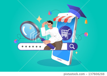 Male character with magnifying glass looking for study materials and graduation cap on mobile store interface. Flat vector for e-learning platform digital library and distance learning concepts 137608288