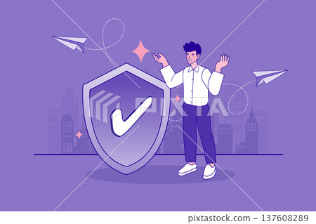 Secure data protection and privacy concept. Flat vector illustration of a man with a shield and paper planes, ideal for cloud security, antivirus software, and internet safety branding. Secure data protection and privacy concept. Flat vector illustration of a man with a shield and paper planes, ideal for cloud security, antivirus software, and internet safety branding. 137608289