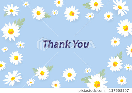 Thank you floral background and appreciation card template. Cute white daisy flowers framing a bright blue backdrop for customer gratitude, social media posts, and seasonal event displays. 137608307