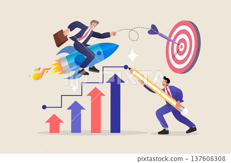 Professional man flying on rocket over rising bar chart arrows while colleague draws path with pencil. Vector for startup success leadership and corporate financial achievement concepts 137608308