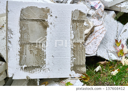 Demolition.Construction waste old insulation tiles material removed from walls Demolition.Construction waste old insulation tiles material removed from walls 137608412