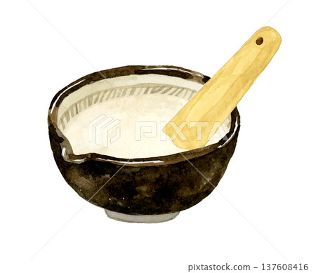 研缽和研杵中盛放著磨碎的山藥。手繪水彩插圖 137608416