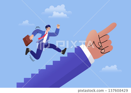 Career advancement concept with a man running up stairs of a giant pointing hand. Modern flat vector for professional guidance, mentorship, and corporate success growth strategy. Career advancement concept with a man running up stairs of a giant pointing hand. Modern flat vector for professional guidance, mentorship, and corporate success growth strategy. 137608429