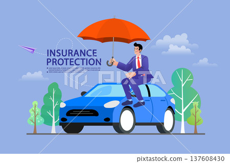 Car insurance protection concept illustration with a businessman holding a large umbrella. Professional vector design for vehicle safety, financial security, and insurance marketing services. Car insurance protection concept illustration with a businessman holding a large umbrella. Professional vector design for vehicle safety, financial security, and insurance marketing services. 137608430