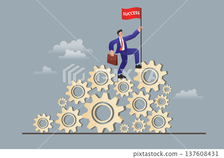 Business success concept with a man holding a red success flag on top of gear wheels. Modern flat vector for industrial mechanism, corporate growth strategy, and team efficiency goals. 137608431