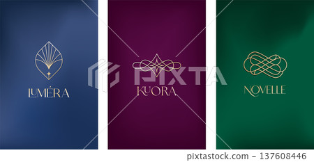 Luxury elegant line art logo design set on dark color gradient background. Minimalist gold linear 137608446