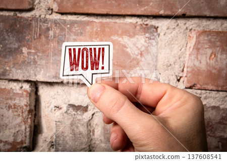WOW Speech Bubble Sticker Held By Hand Against Brick Wall WOW Speech Bubble Sticker Held By Hand Against Brick Wall 137608541