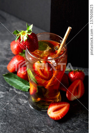 Refreshing drink with ice, mint, and strawberries. Refreshing drink with ice, mint, and strawberries. 137608625