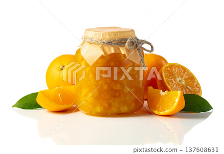 Orange jam and fresh fruits isolated on a white background. 137608631