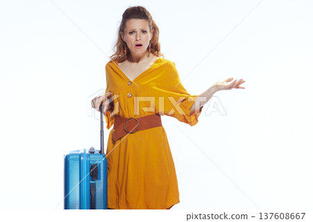 Shocked Woman with Suitcase Experiencing Travel Delays Shocked Woman with Suitcase Experiencing Travel Delays 137608667