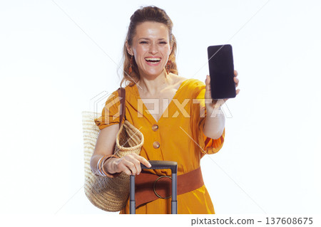 Traveler Showing Smartphone Screen for Mobile Booking Promotion Traveler Showing Smartphone Screen for Mobile Booking Promotion 137608675