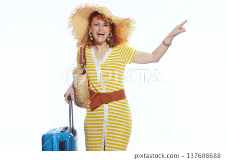 Cheerful Traveler Pointing at Summer Vacation Deals Cheerful Traveler Pointing at Summer Vacation Deals 137608688