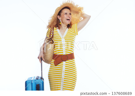 Happy Woman in Summer Dress with Travel Luggage 137608689