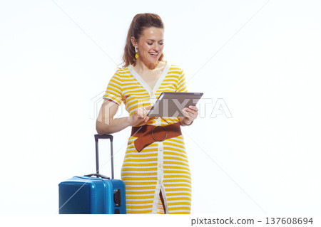 Stylish Woman with Blue Suitcase Checking Travel App Stylish Woman with Blue Suitcase Checking Travel App 137608694