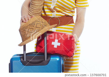 Summer Travel Essentials with First Aid Kit and Sun Hat 137608701