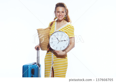 Woman Holding Wall Clock and Luggage for Trip Planning Woman Holding Wall Clock and Luggage for Trip Planning 137608705