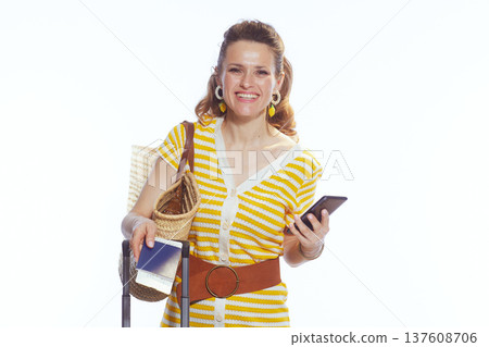 Cheerful Woman Preparing for Summer Holiday Trip 137608706