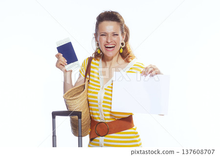 Laughing Traveler with Sign for Summer Holidays Laughing Traveler with Sign for Summer Holidays 137608707