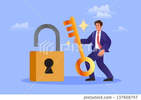 Strategic business security and problem solving concept. Flat vector illustration of a man unlocking a padlock with a key, ideal for achievement, data protection, and discovery. 137608747