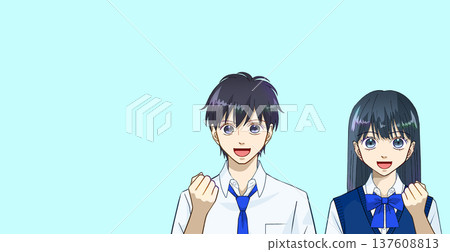 動漫風格的插畫,描繪了一男一女兩名高中或國中生身著夏裝,面帶微笑,舉起拳頭。 動漫風格的插畫,描繪了一男一女兩名高中或國中生身著夏裝,面帶微笑,舉起拳頭。 137608813