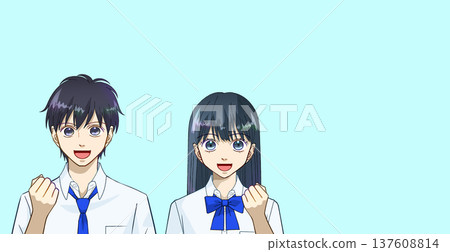 動漫風格的插畫,描繪了一男一女兩名高中或國中生身著夏裝,面帶微笑,舉起拳頭。 動漫風格的插畫,描繪了一男一女兩名高中或國中生身著夏裝,面帶微笑,舉起拳頭。 137608814