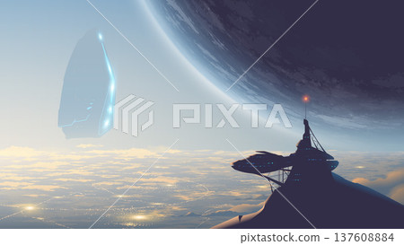 Scifi vector landscape of a futuristic outpost and giant hovering spaceship over a glowing cloud city. Scifi vector landscape of a futuristic outpost and giant hovering spaceship over a glowing cloud city. 137608884