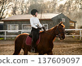 Equestrian female rider in black helmet and white shirt sits on brown horse in riding arena with wooden fence and stable building in the background during golden hour 137609097