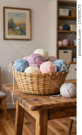 Knitting yarn in various pastel colors arranged in a wicker basket on a wooden table, with a cozy interior and shelves in the background Knitting yarn in various pastel colors arranged in a wicker basket on a wooden table, with a cozy interior and shelves in the background 137609173