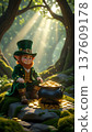 Cartoon leprechaun character wearing a green suit and top hat sits beside a pot of gold coins in a sunlit forest with trees and soft mossy ground 137609178