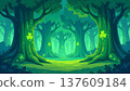 Enchanted forest scene featuring tall trees adorned with vibrant green leaves and shamrock symbols, creating a magical atmosphere for Saint Patrick's Day celebrations 137609184