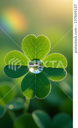 Green four-leaf clover with a water droplet reflecting a landscape, illuminated by soft sunlight, against a blurred background with a hint of rainbow colors Green four-leaf clover with a water droplet reflecting a landscape, illuminated by soft sunlight, against a blurred background with a hint of rainbow colors 137609187